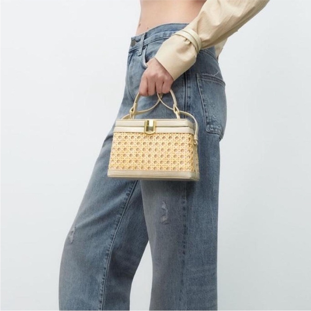 Zara woven rattan cane top handle crossbody purse handbag